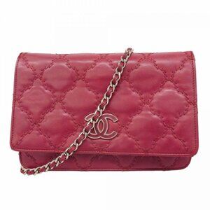 Chanel Shoulder Wallet Ultra Stitch Leather Red Silver